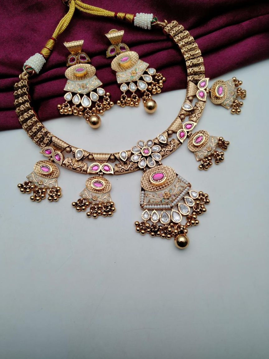 NECKLASE SET IN POLKI (GOLD POLISH) STYLE | DESIGN - 18627