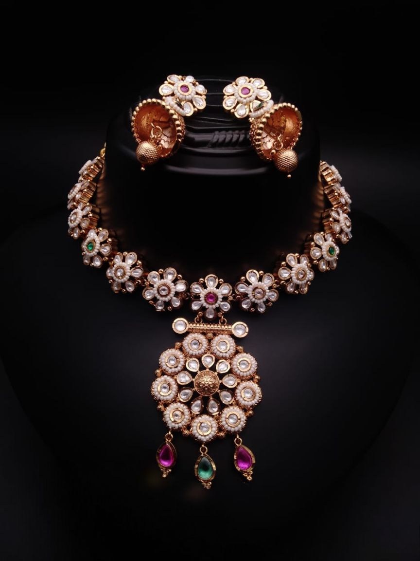 NECKLASE SET IN POLKI (GOLD POLISH) STYLE | DESIGN - 18632