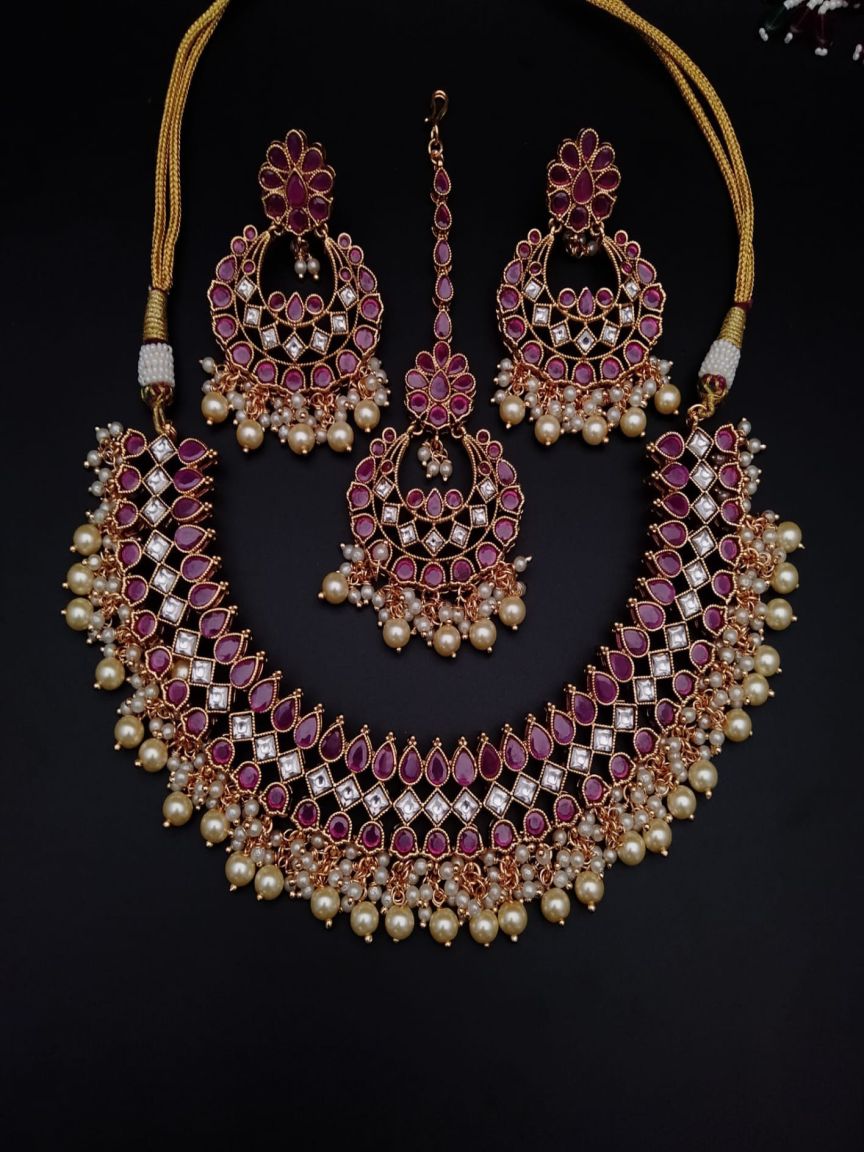 NECKLASE SET IN POLKI (GOLD POLISH) STYLE | DESIGN - 18634