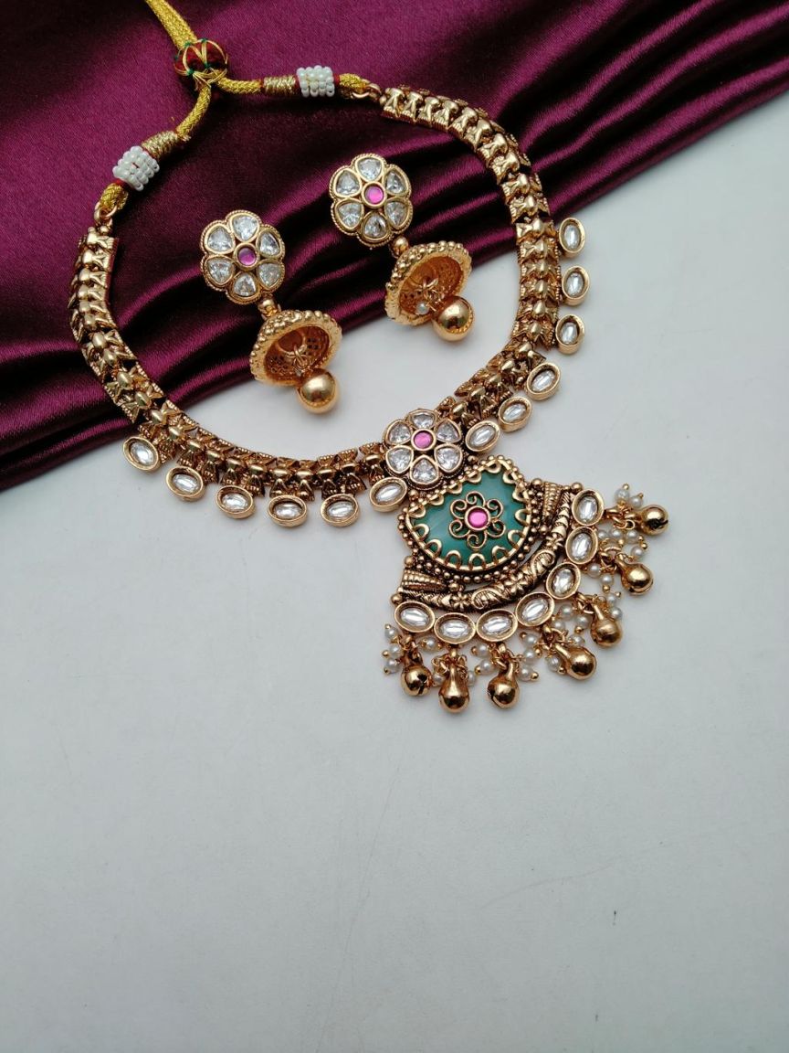 NECKLASE SET IN POLKI (GOLD POLISH) STYLE | DESIGN - 18641