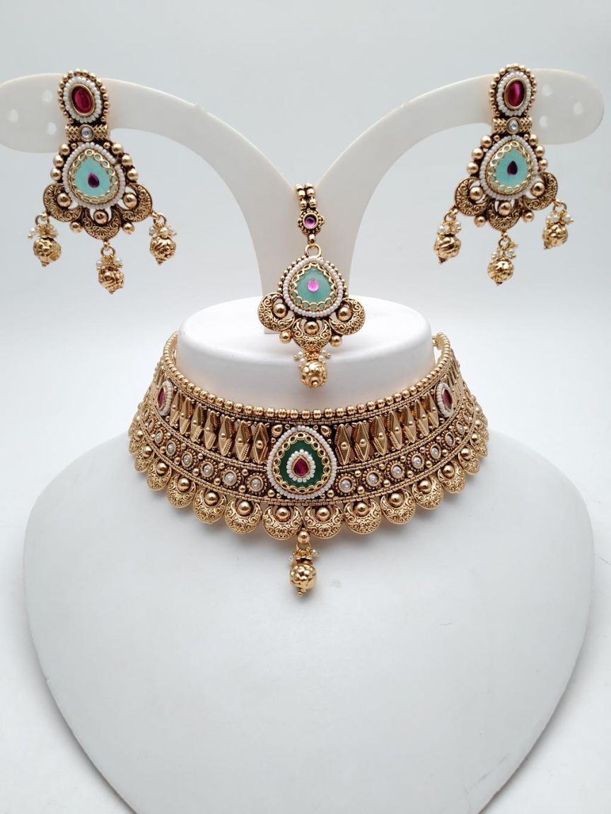 NECKLASE SET IN POLKI (GOLD POLISH) STYLE | DESIGN - 18658