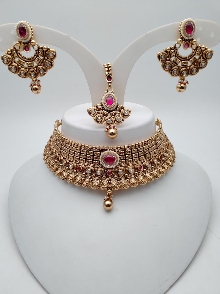 NECKLASE SET IN POLKI (GOLD POLISH) STYLE | DESIGN - 18659