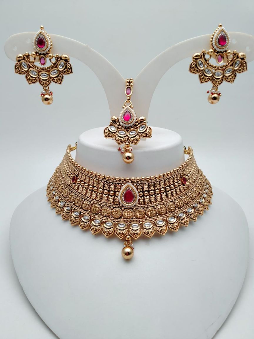 NECKLASE SET IN POLKI (GOLD POLISH) STYLE | DESIGN - 18660