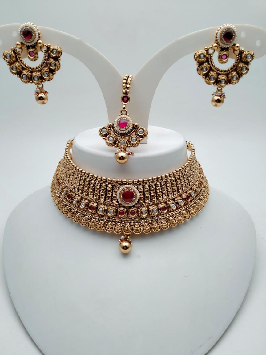 NECKLASE SET IN POLKI (GOLD POLISH) STYLE | DESIGN - 18661