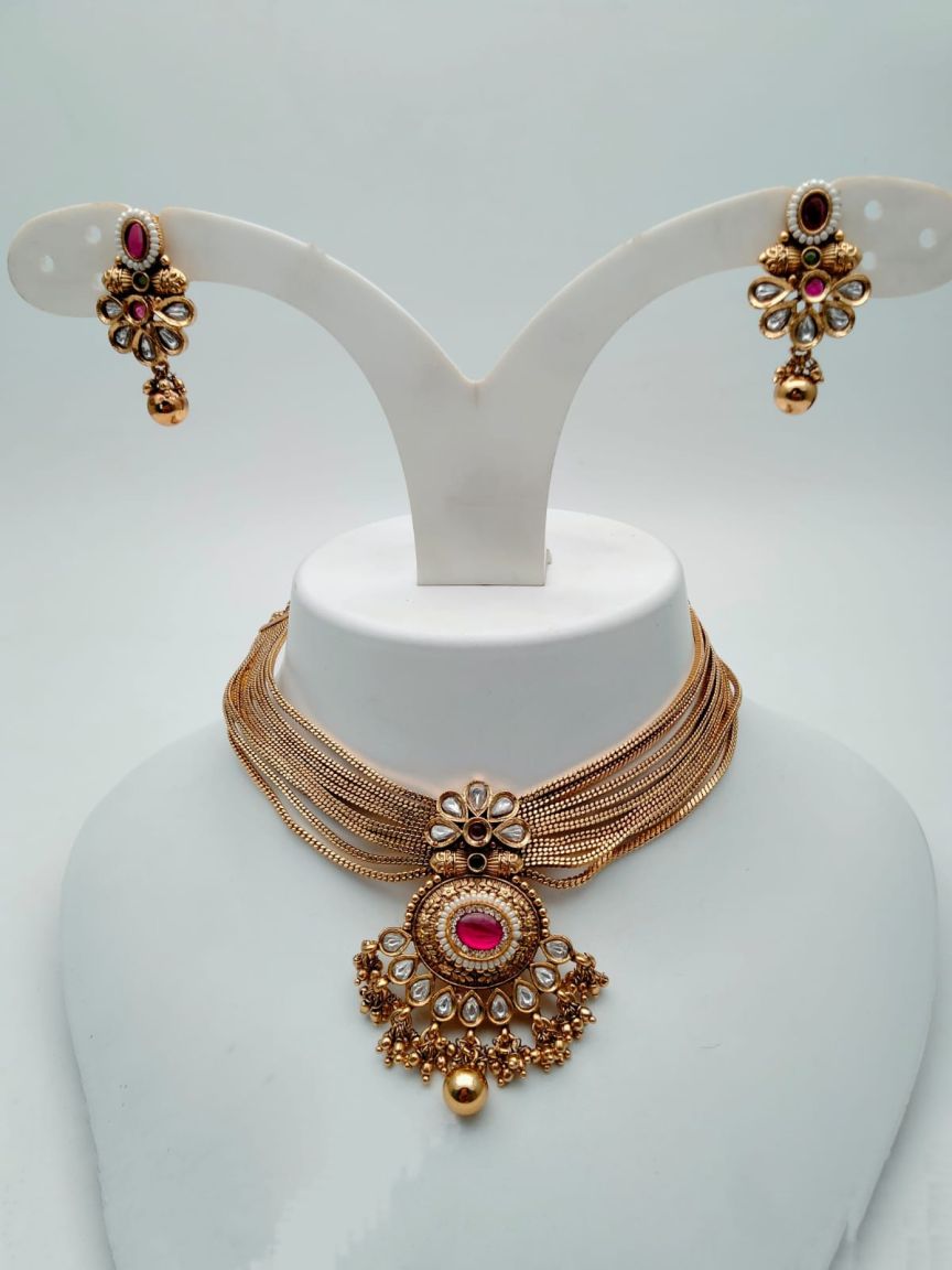 NECKLASE SET IN POLKI (GOLD POLISH) STYLE | DESIGN - 18665
