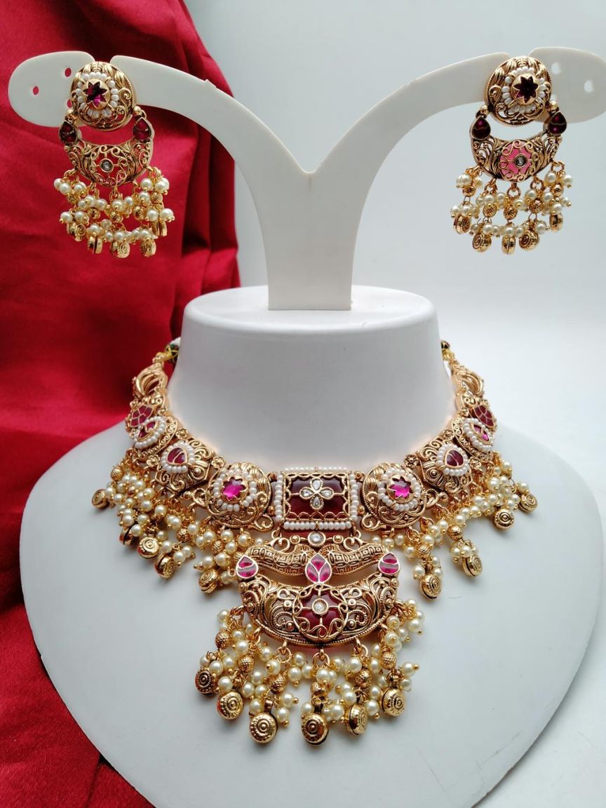 NECKLASE SET IN POLKI (GOLD POLISH) STYLE | DESIGN - 18669