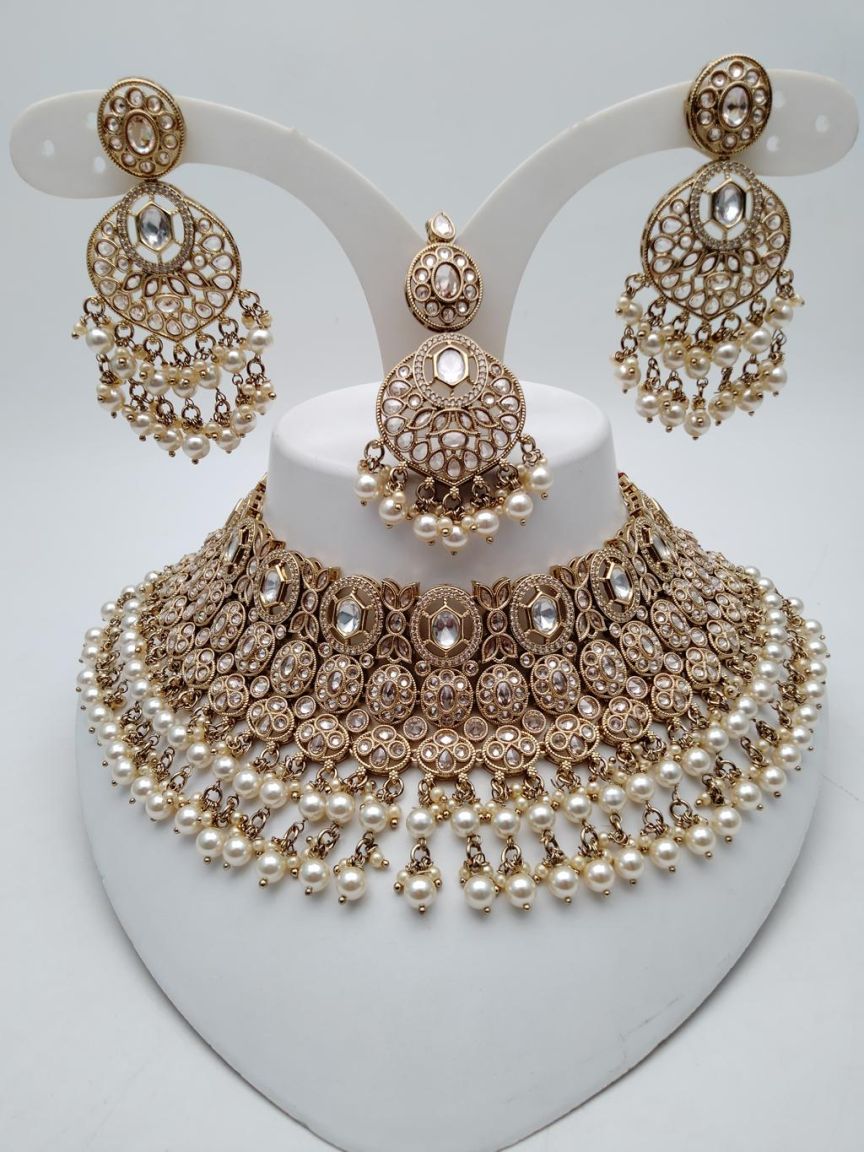 NECKLASE SET IN POLKI (GOLD POLISH) STYLE | DESIGN - 18677