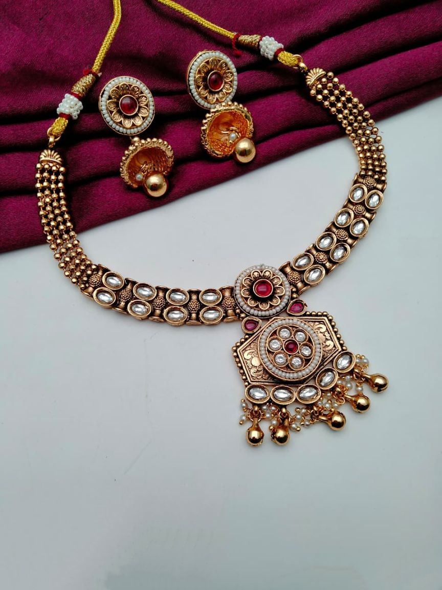 NECKLASE SET IN POLKI (GOLD POLISH) STYLE | DESIGN - 18687