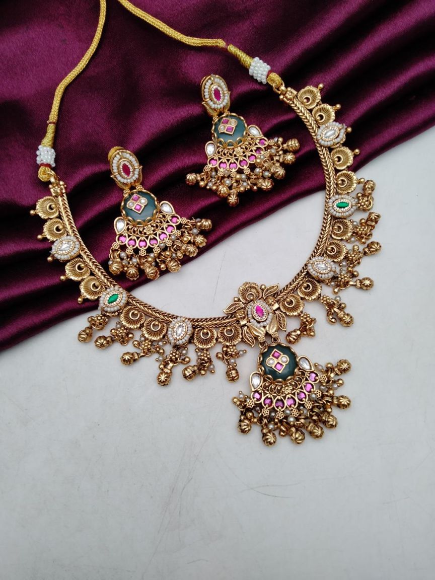 NECKLASE SET IN POLKI (GOLD POLISH) STYLE | DESIGN - 18696