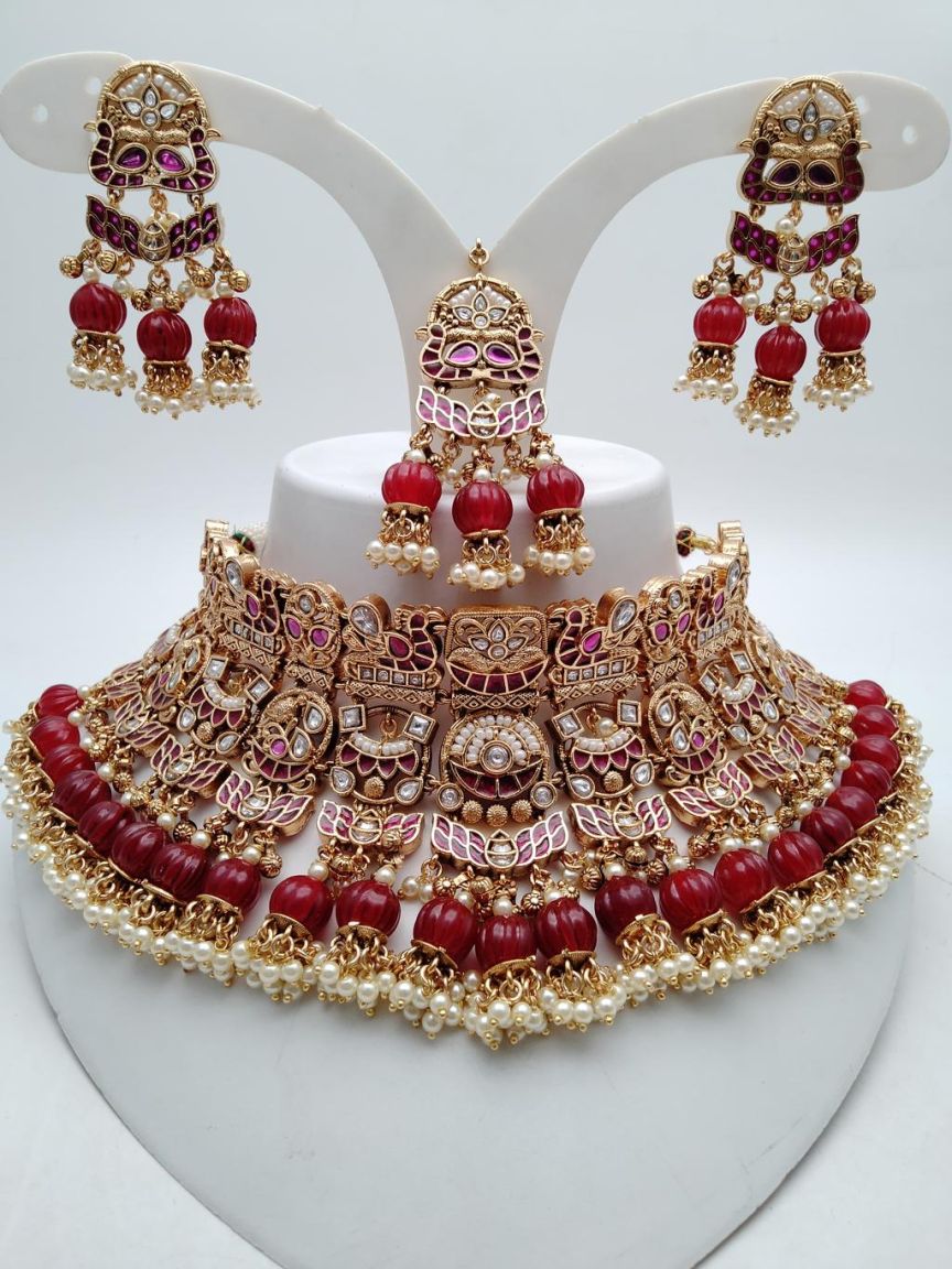 NECKLASE SET IN POLKI (GOLD POLISH) STYLE | DESIGN - 18709