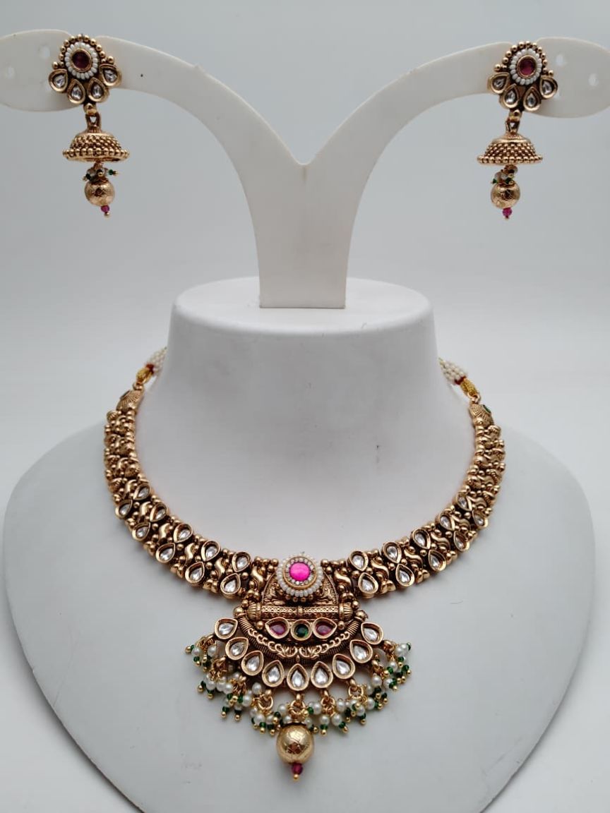 NECKLASE SET IN POLKI (GOLD POLISH) STYLE | DESIGN - 18731