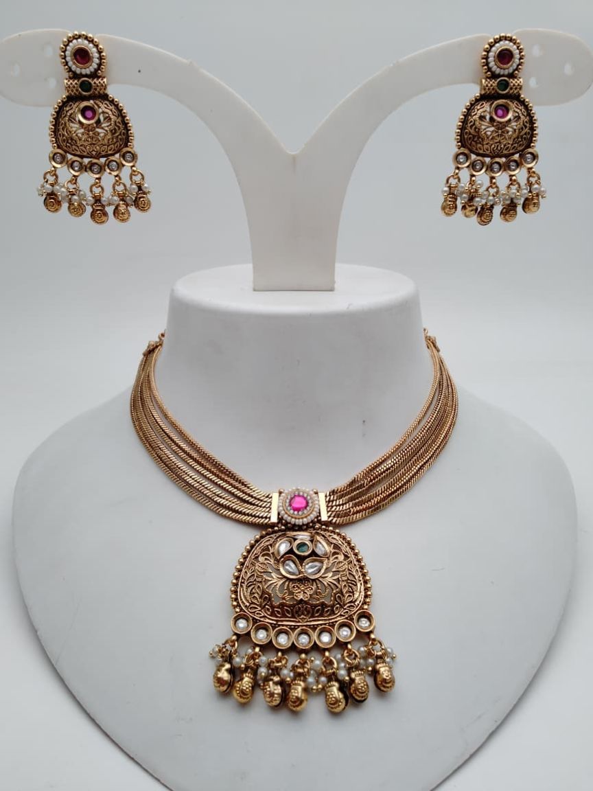 NECKLASE SET IN POLKI (GOLD POLISH) STYLE | DESIGN - 18732