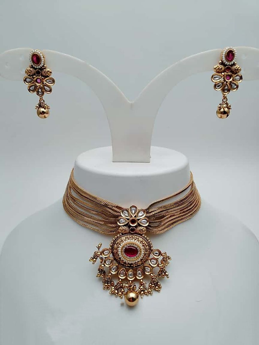 NECKLASE SET IN POLKI (GOLD POLISH) STYLE | DESIGN - 18733