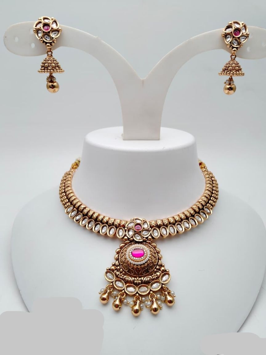 NECKLASE SET IN POLKI (GOLD POLISH) STYLE | DESIGN - 18734