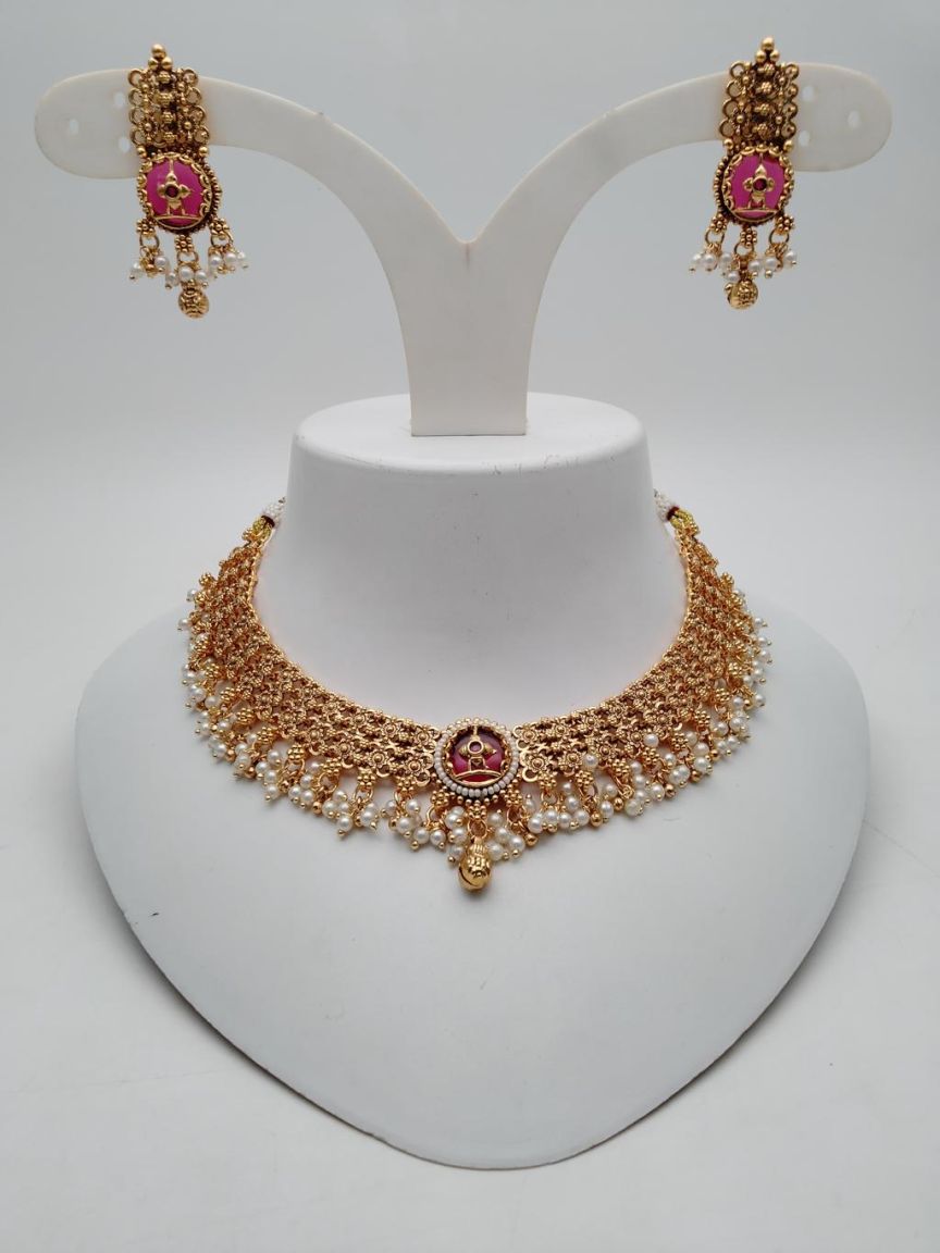 NECKLASE SET IN POLKI (GOLD POLISH) STYLE | DESIGN - 18797