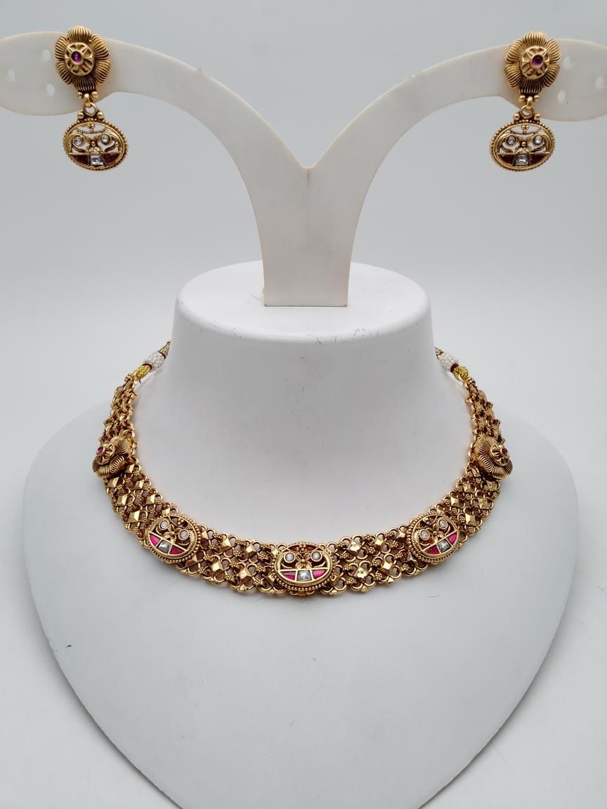 NECKLASE SET IN POLKI (GOLD POLISH) STYLE | DESIGN - 18840