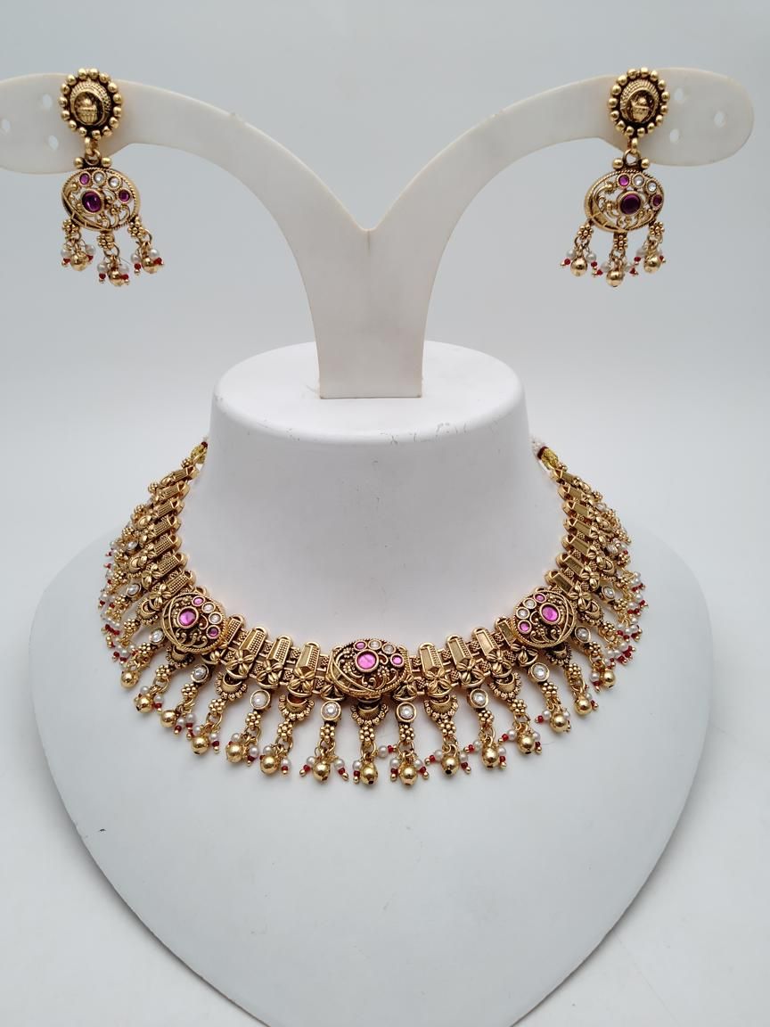 NECKLASE SET IN POLKI (GOLD POLISH) STYLE | DESIGN - 18842