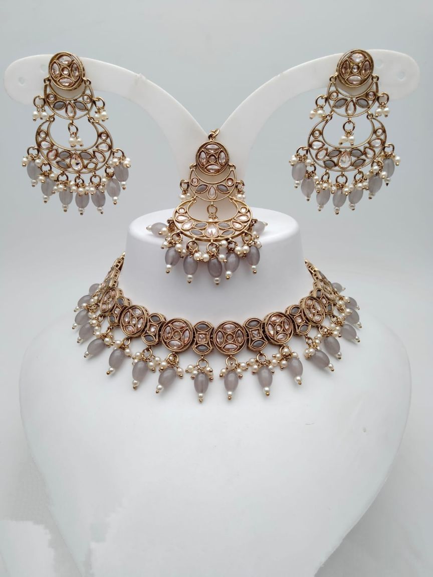 NECKLASE SET IN POLKI (GOLD POLISH) STYLE | DESIGN - 18849