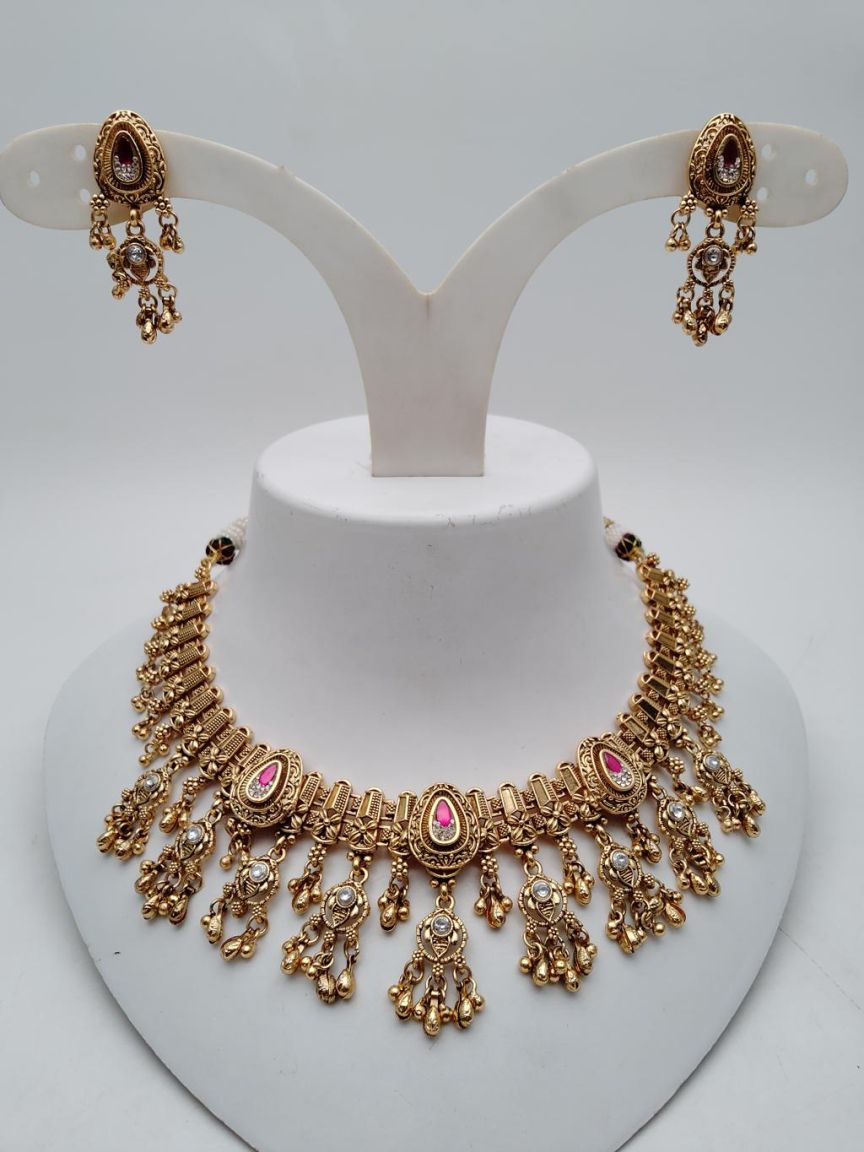 NECKLASE SET IN POLKI (GOLD POLISH) STYLE | DESIGN - 18864