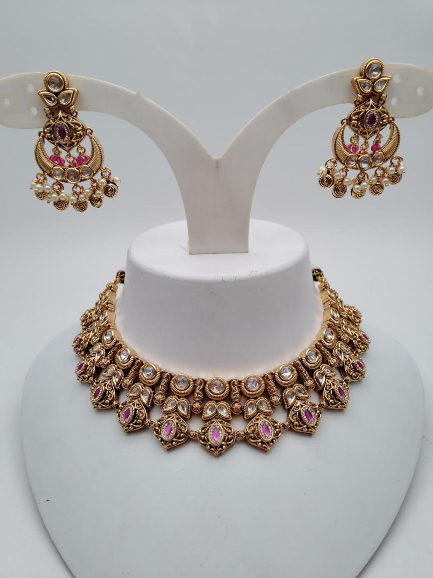 NECKLASE SET IN POLKI (GOLD POLISH) STYLE | DESIGN - 18868