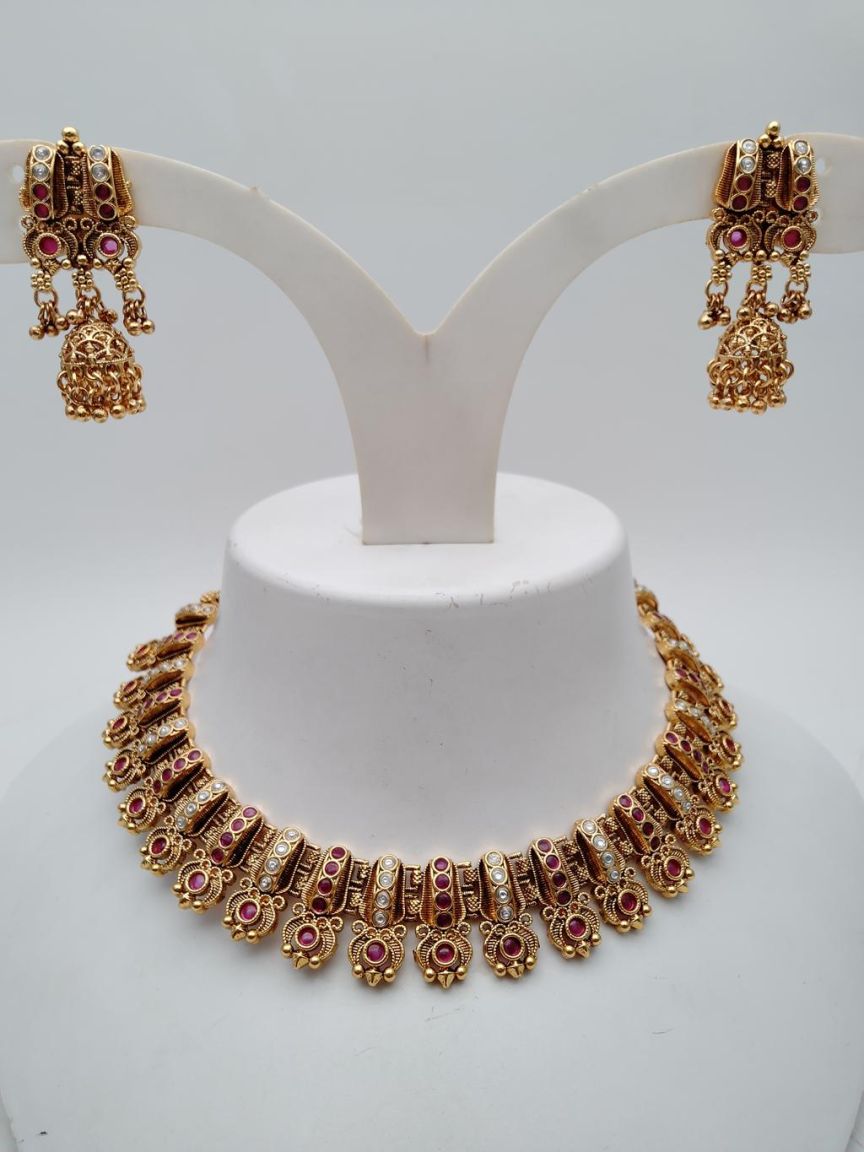 NECKLASE SET IN POLKI (GOLD POLISH) STYLE | DESIGN - 18875