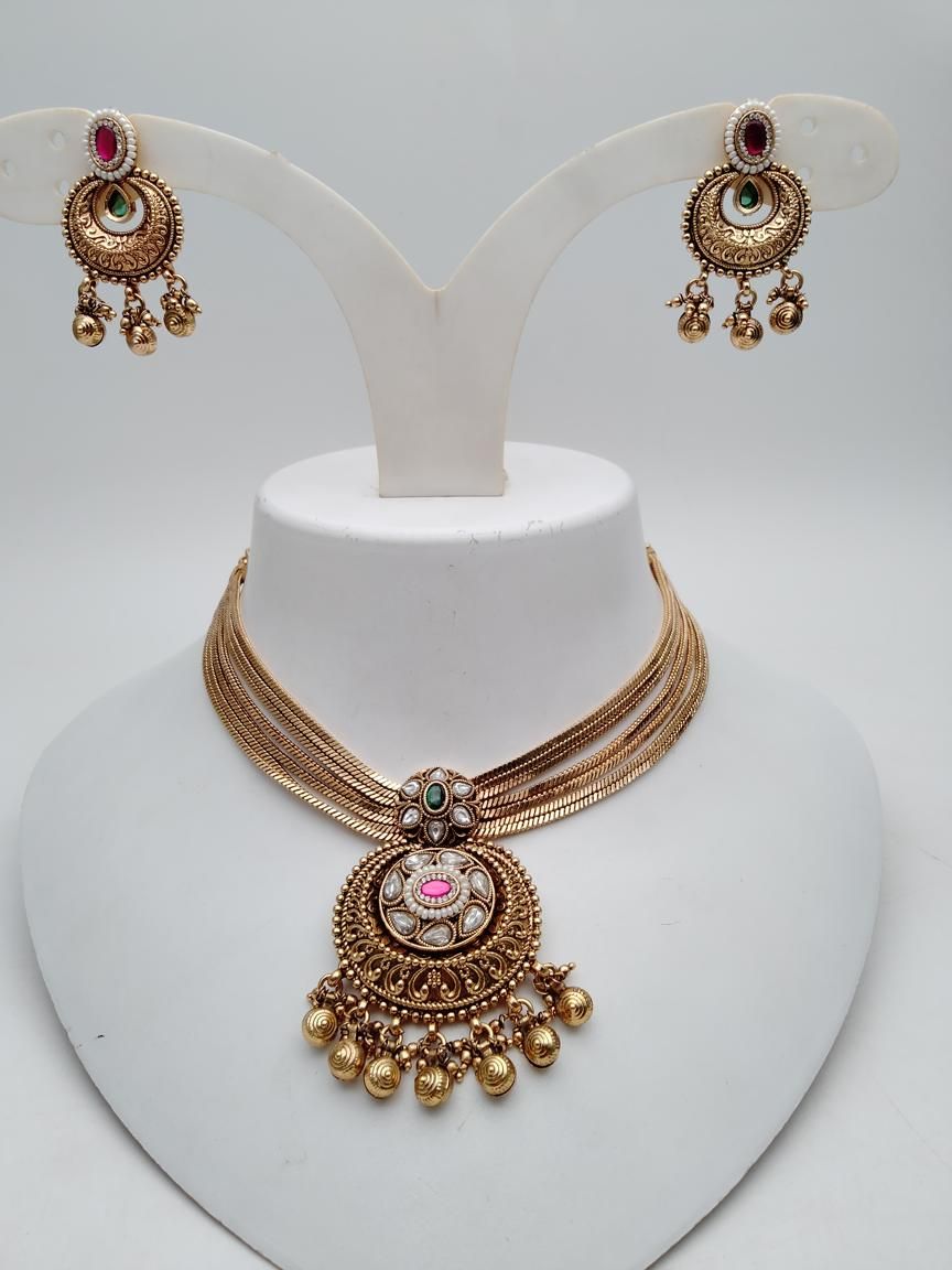 NECKLASE SET IN POLKI (GOLD POLISH) STYLE | DESIGN - 18892