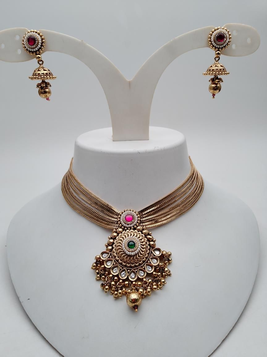 NECKLASE SET IN POLKI (GOLD POLISH) STYLE | DESIGN - 18893