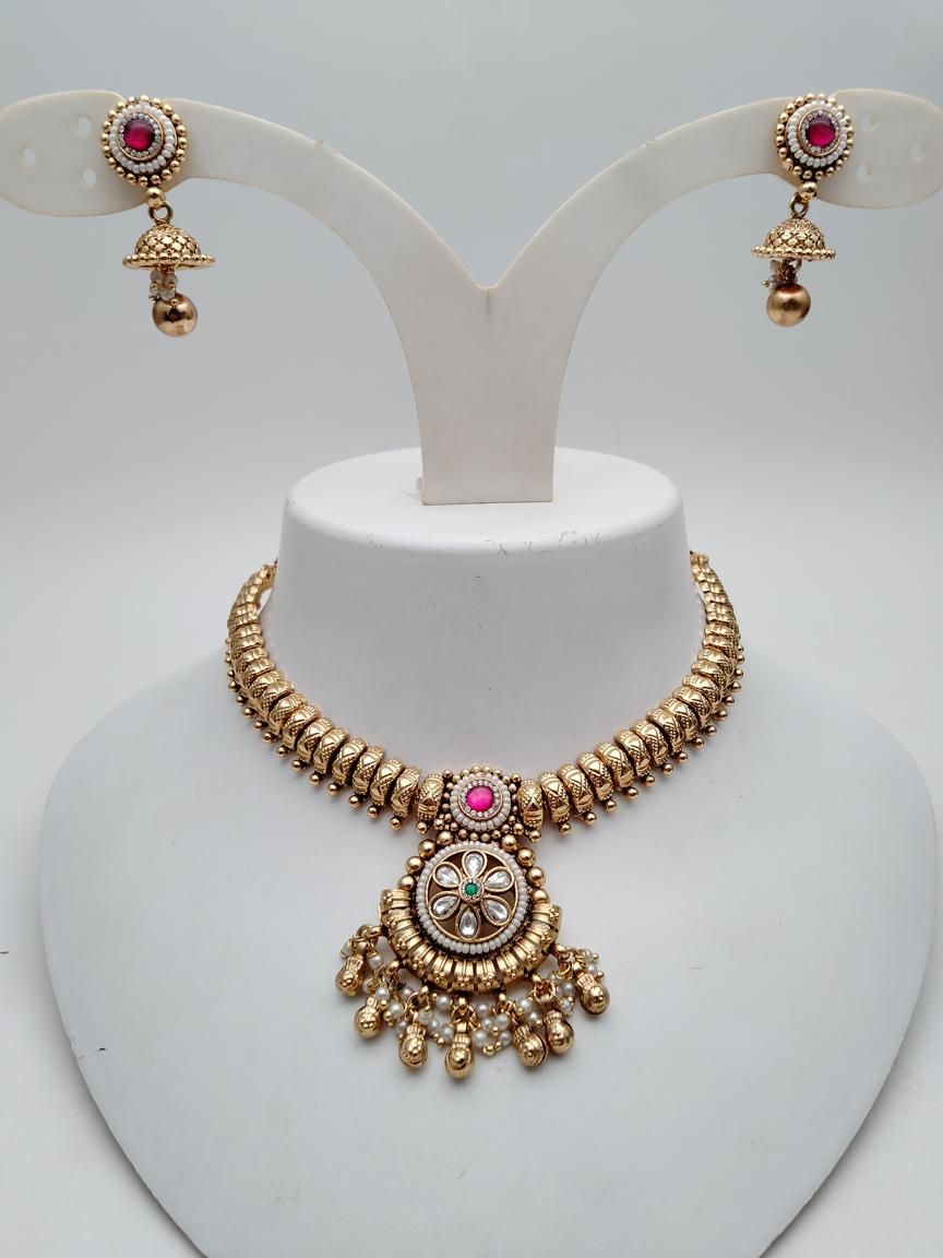 NECKLASE SET IN POLKI (GOLD POLISH) STYLE | DESIGN - 18895