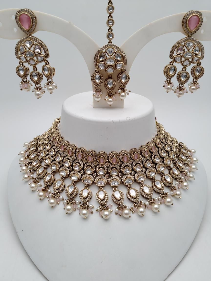 NECKLASE SET IN POLKI (GOLD POLISH) STYLE | DESIGN - 18898