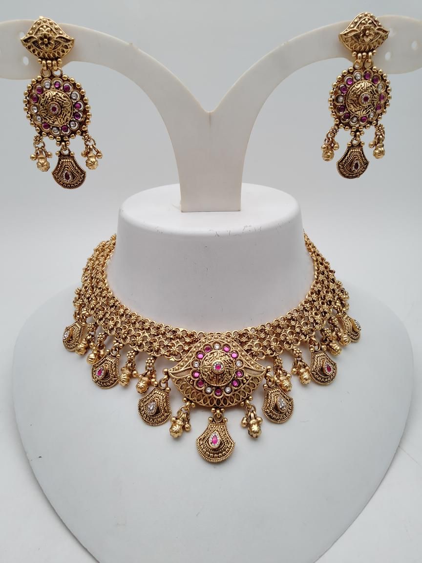 NECKLASE SET IN POLKI (GOLD POLISH) STYLE | DESIGN - 18899