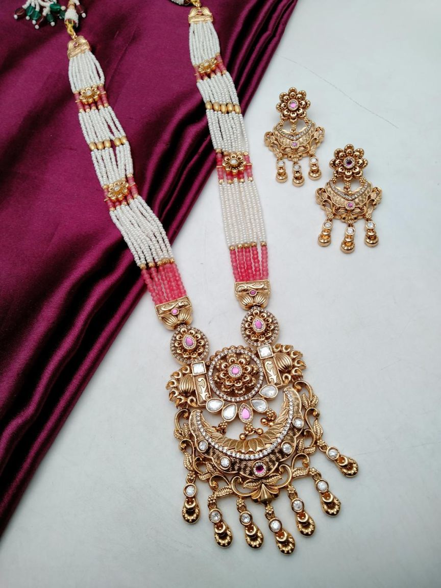 PIROI LONG SET IN POLKI (GOLD POLISH) STYLE | DESIGN - 38008