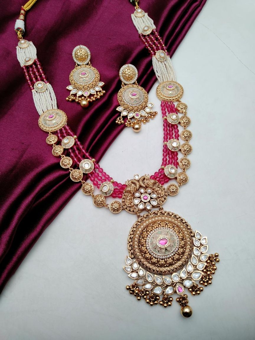 PIROI LONG SET IN POLKI (GOLD POLISH) STYLE | DESIGN - 38009