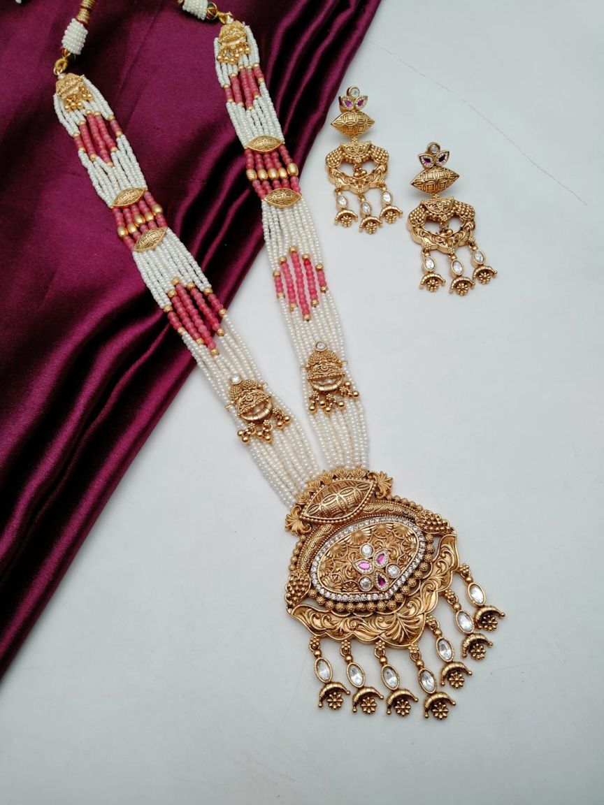 PIROI LONG SET IN POLKI (GOLD POLISH) STYLE | DESIGN - 38011