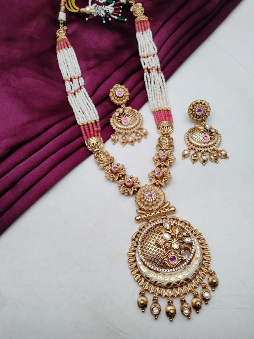 PIROI LONG SET IN POLKI (GOLD POLISH) STYLE | DESIGN - 38016