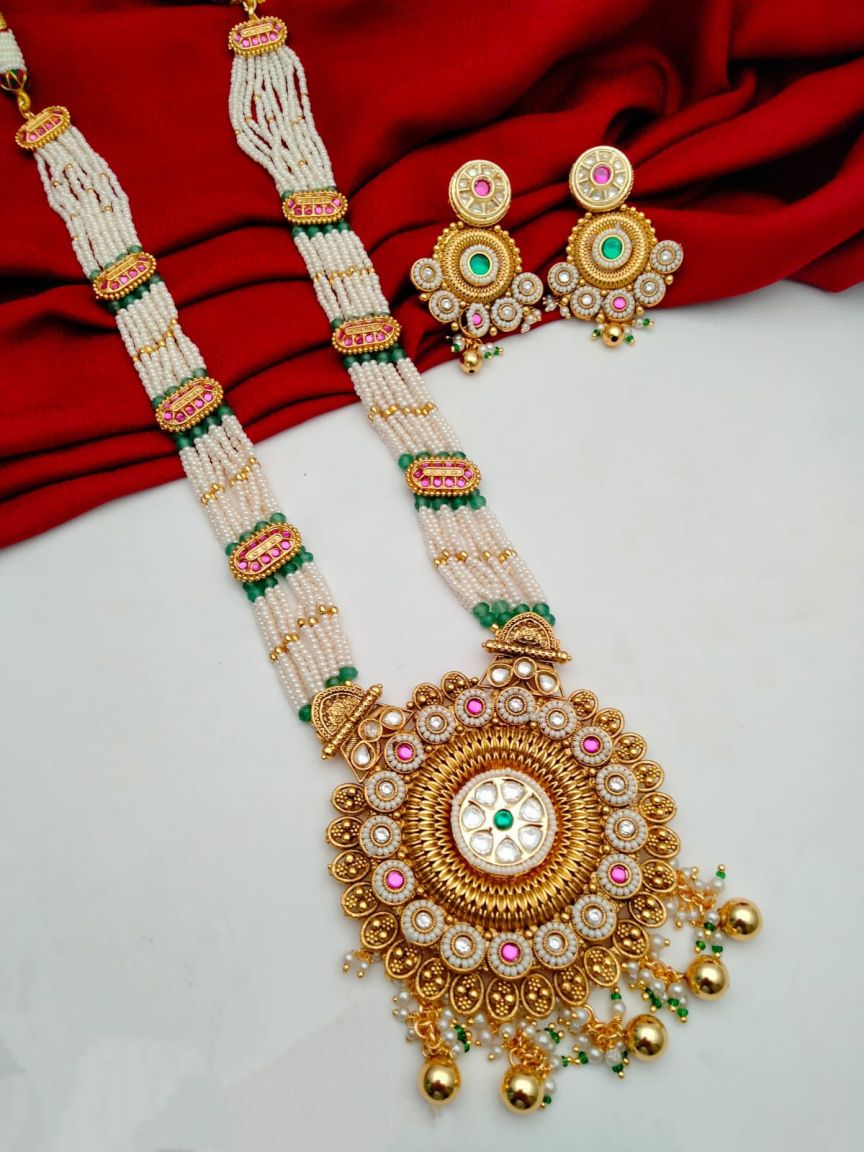 PIROI LONG SET IN POLKI (GOLD POLISH) STYLE | DESIGN - 38019