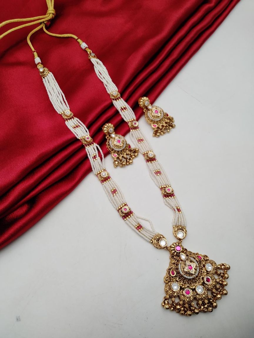 PIROI LONG SET IN POLKI (GOLD POLISH) STYLE | DESIGN - 38026