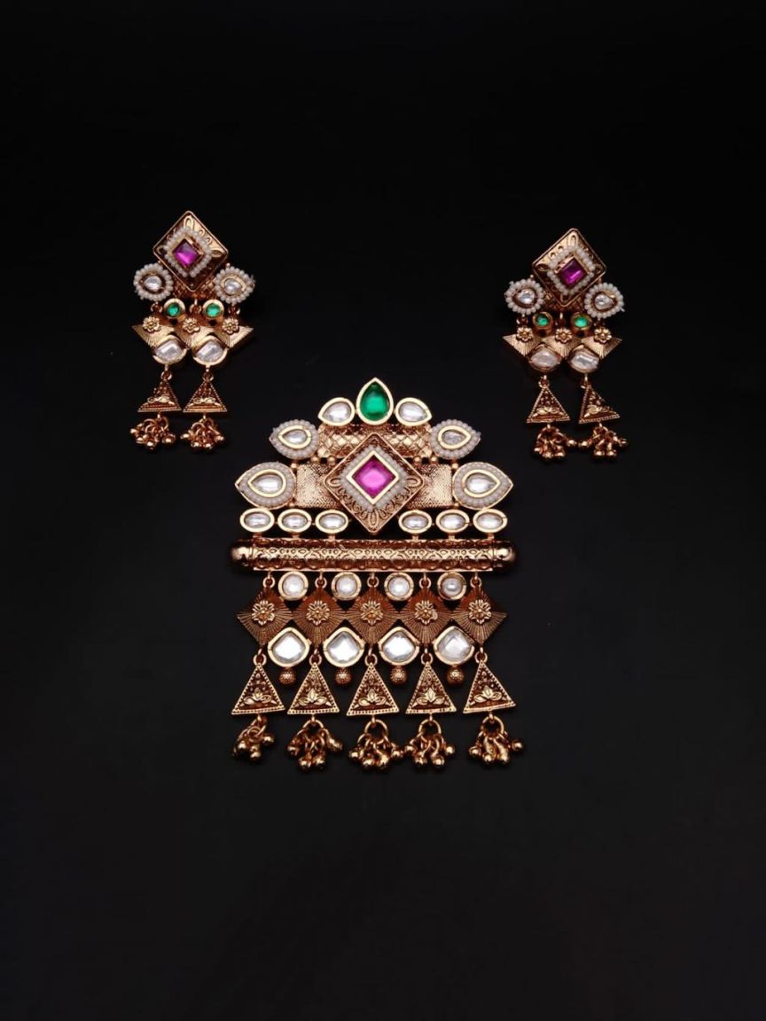 PENDANT SETS IN POLKI (GOLD POLISH) STYLE | DESIGN - 36281