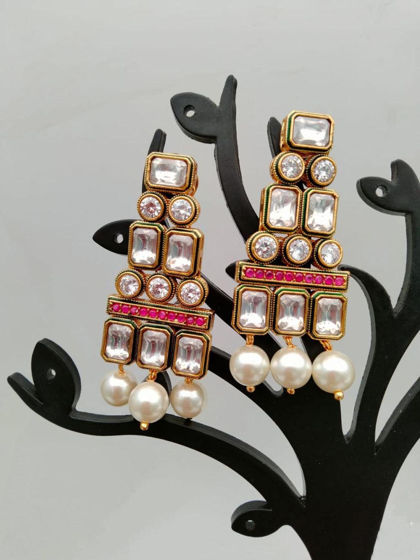 REVERSE AD EARRING IN POLKI (GOLD POLISH) STYLE | DESIGN - 49522