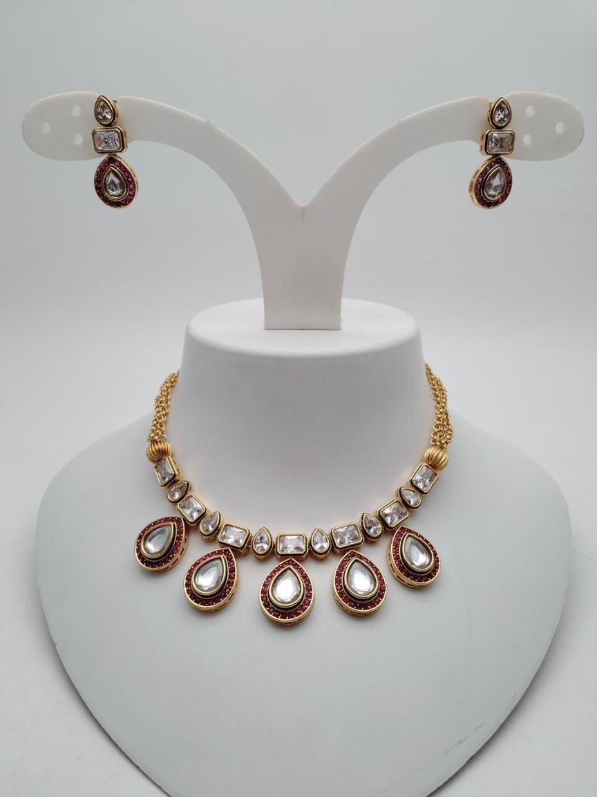 REVERSE CHAIN NECKLASE IN POLKI (GOLD POLISH) STYLE | DESIGN - 92504